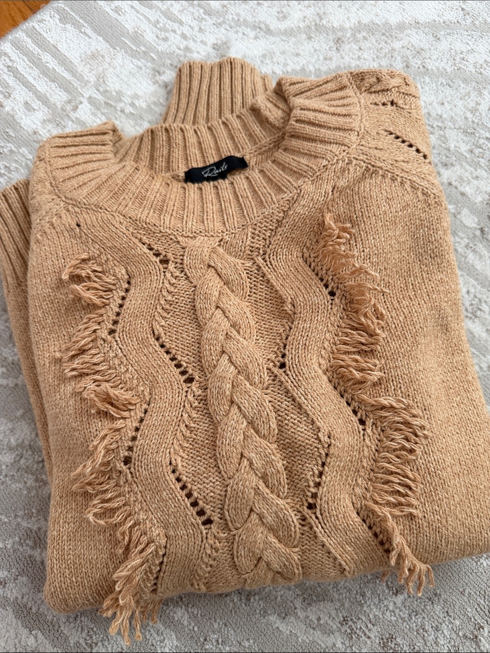 Rails Tan Fringe Cable-Knit Crewneck Sweater